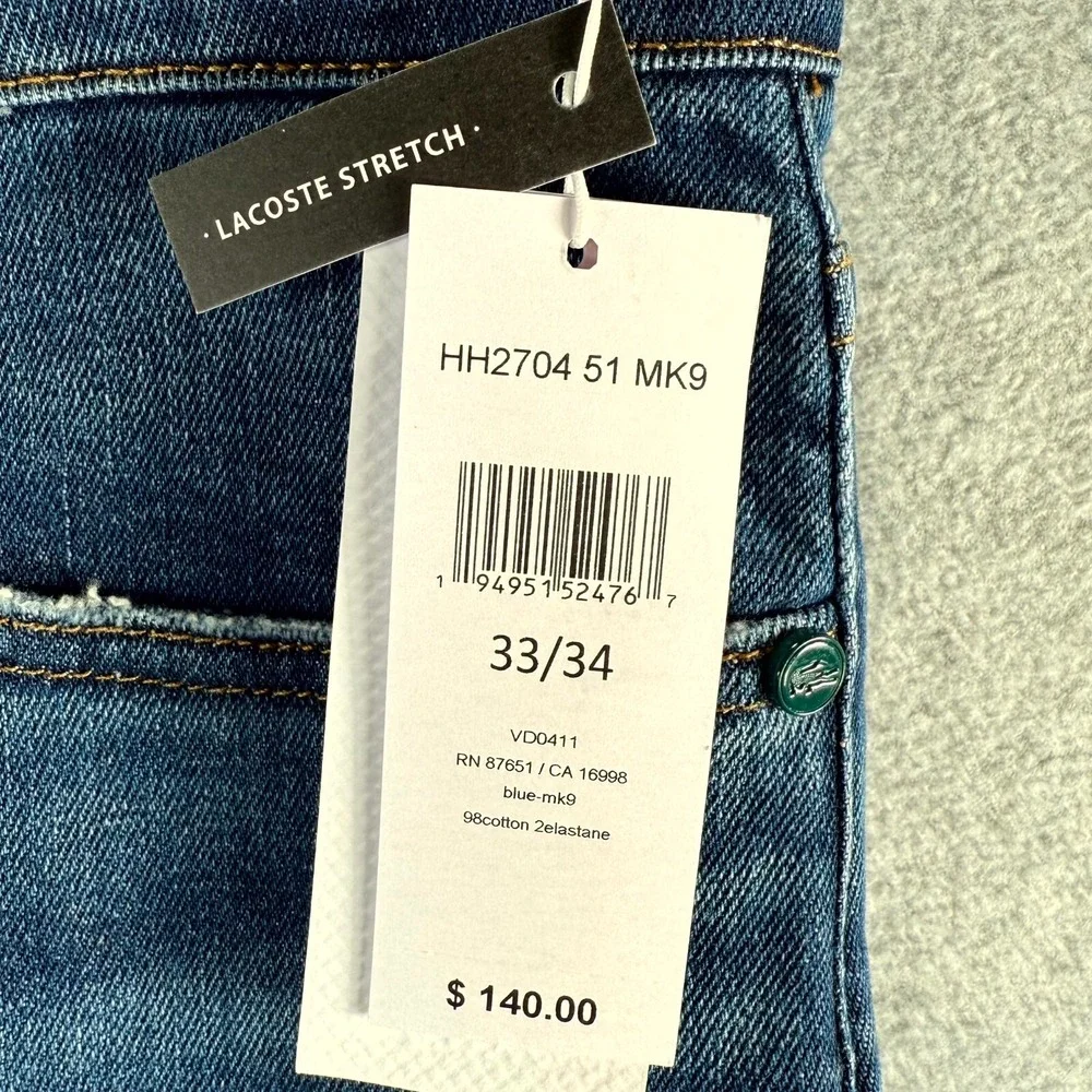 Lacoste Jeans Men's 33 X 34 Blue Denim Stretch Slim Fit Medium Wash Straight Leg
